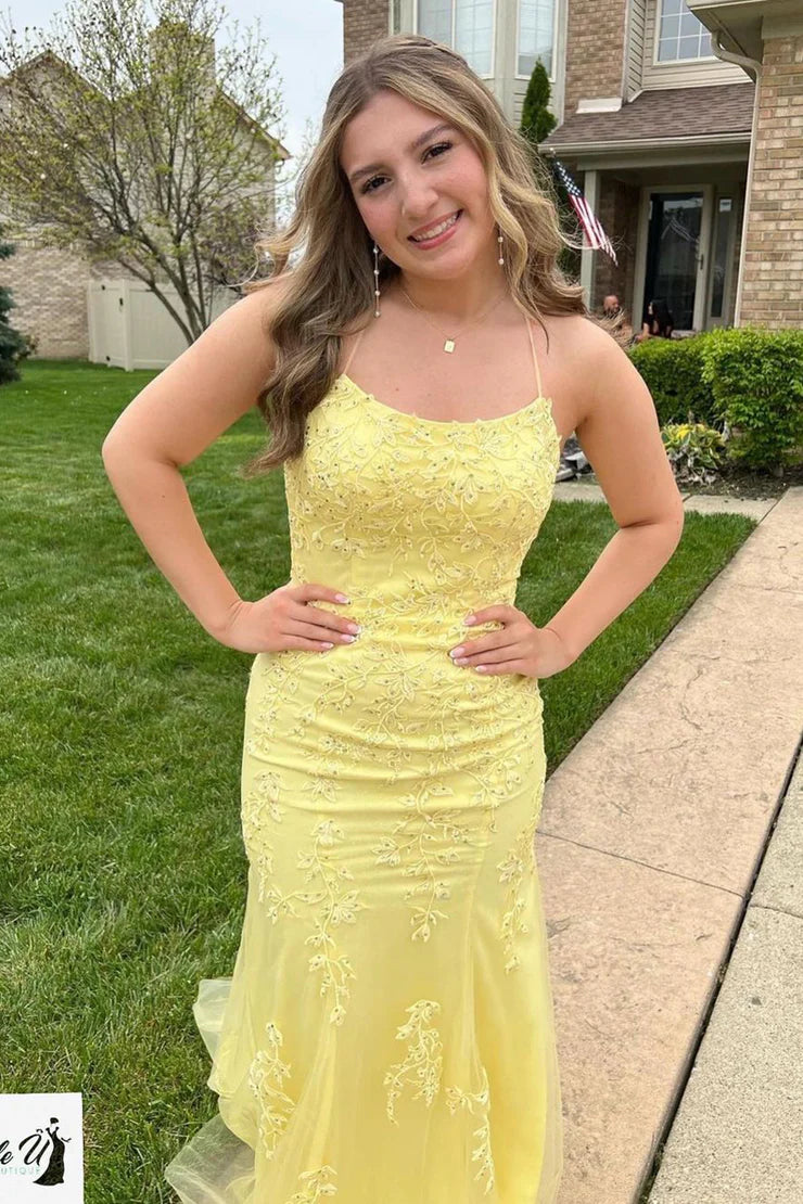 Cute Mermaid Scoop Neck Yellow Spaghetti Strap Tulle Long Prom Dresses with Appliques