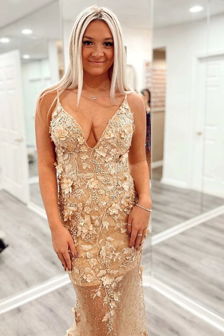 Sheer Mesh Floral Lace Backless Mermaid Long Prom Dress