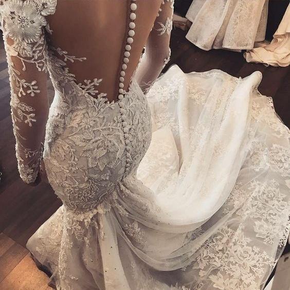 Mermaid Ivory Lace Sweep/Brush Train Scoop Long Sleeve Wedding Dress