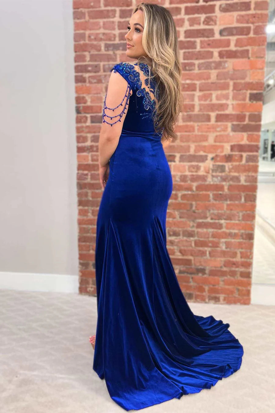 Velvet Applique Keyhole Mermaid Long Formal Gown with Slit