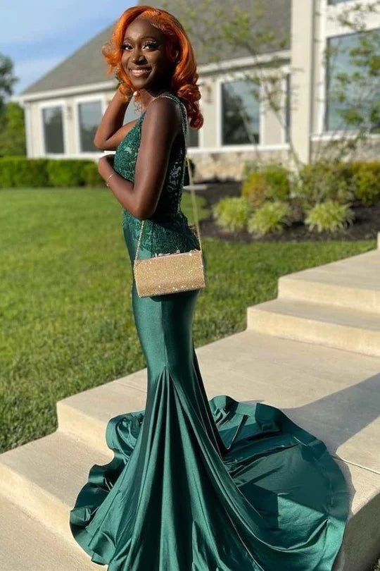Lace V-Neck Trumpet Long Prom Dress