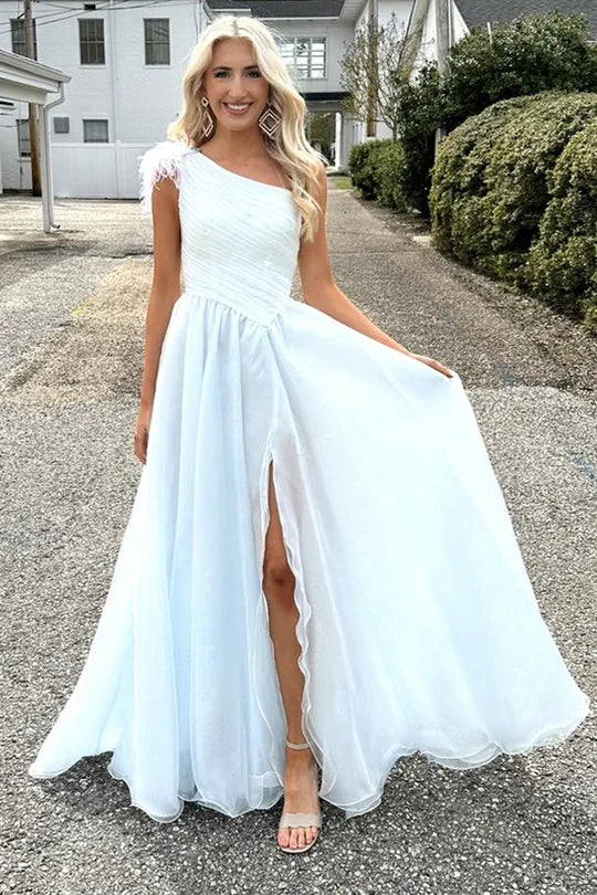 Feather One-Shoulder Ruching A-Line Long Prom Dress