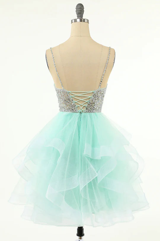 Coral Plunge V Multi-Layer Beaded Short Homecoming Dress