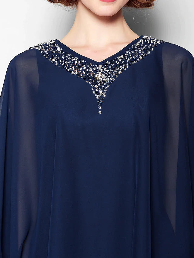 Mother of the Bride Dress V Neck Tea Length Chiffon 3/4 Length Sleeve with Crystals Beading