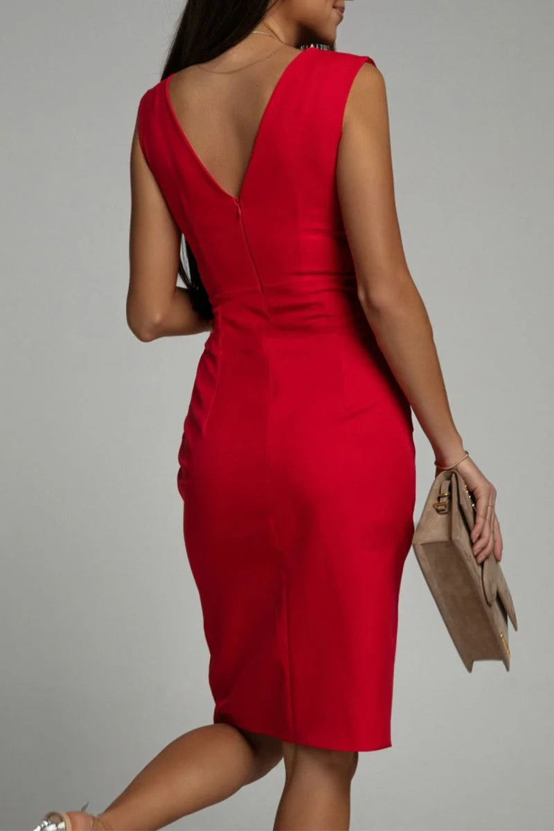 Bold Red Sleeveless with Draped V-Neck, Ruched Bodice and High Slit Midi Evening Dress