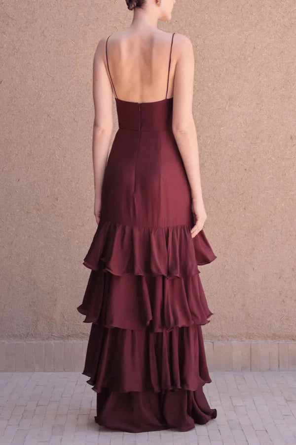 Burgundy Sequin Strapless Ruffled Mermaid Long Evening Gown for Party Wedding Banquet Festival Prom Formal Occasions