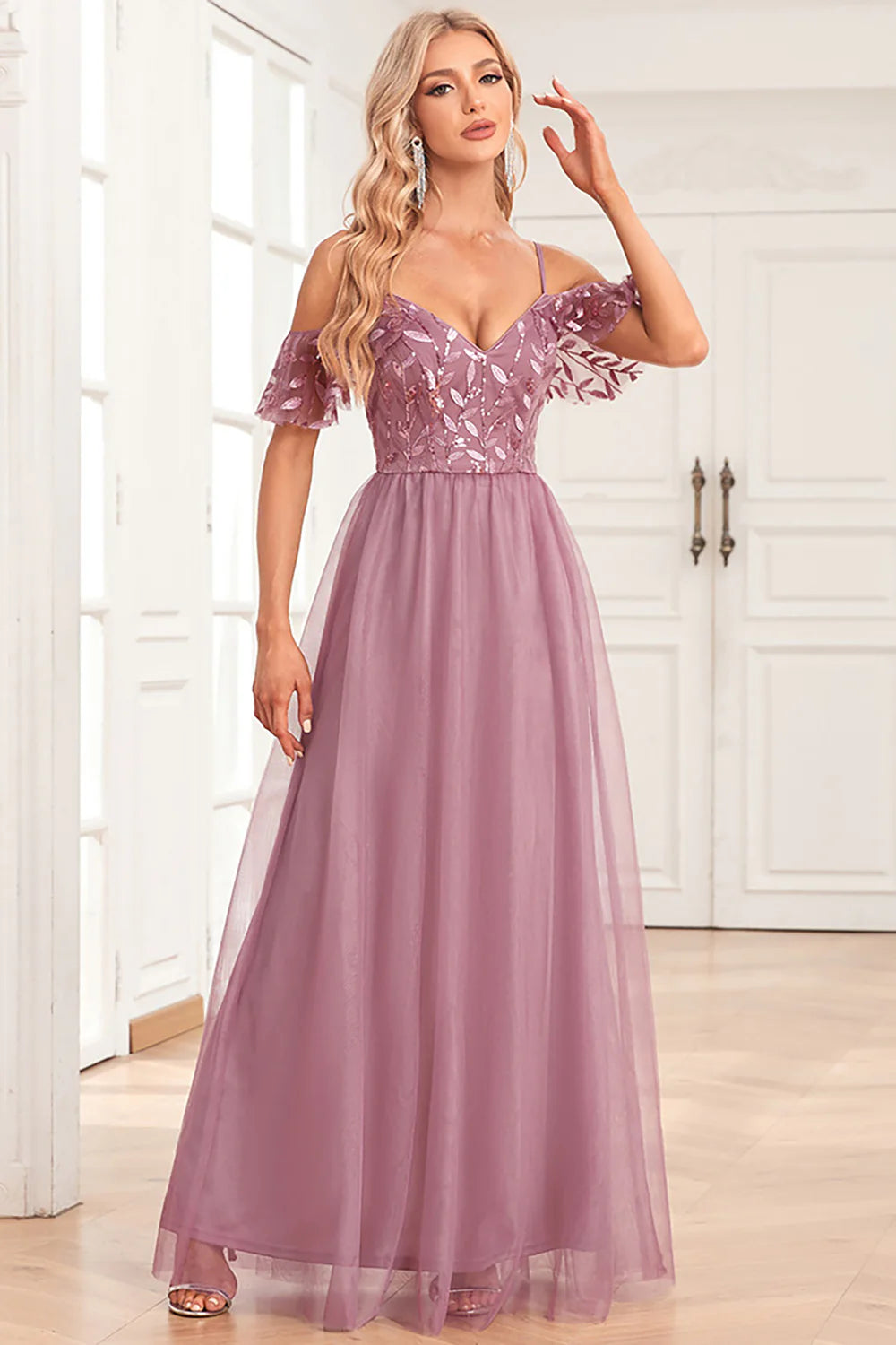 A-Line Spaghetti Straps V Neck Cold Shoulder Dusty Rose Formal Dress