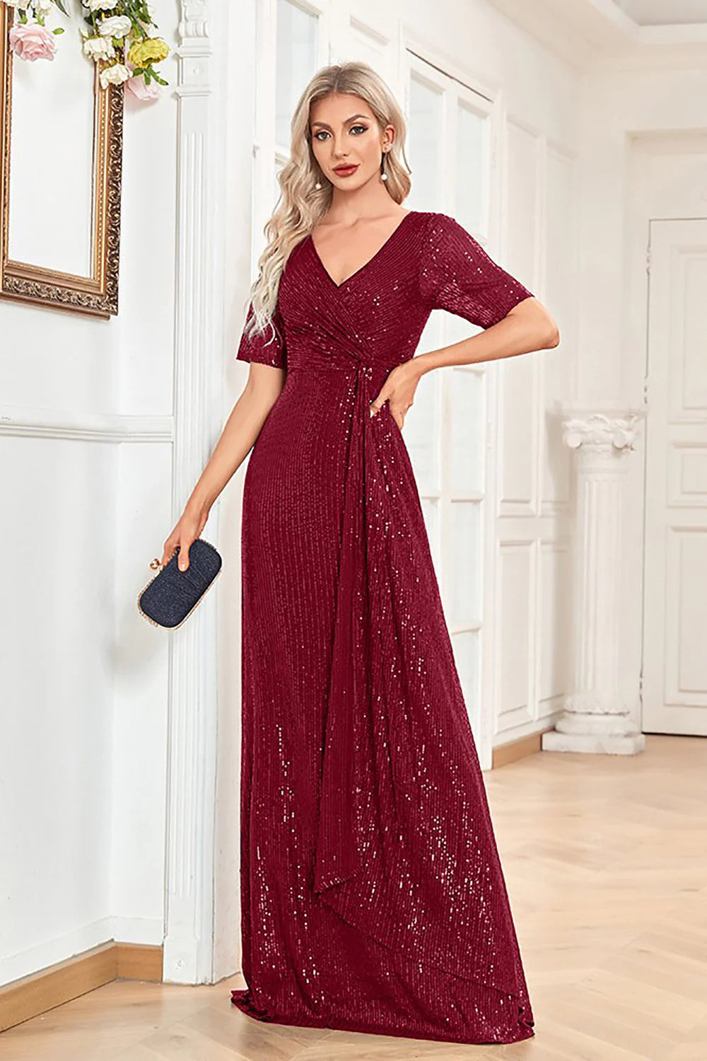 A Line V Neck Burgundy Sequin Short Sleeves Long Prom Dress