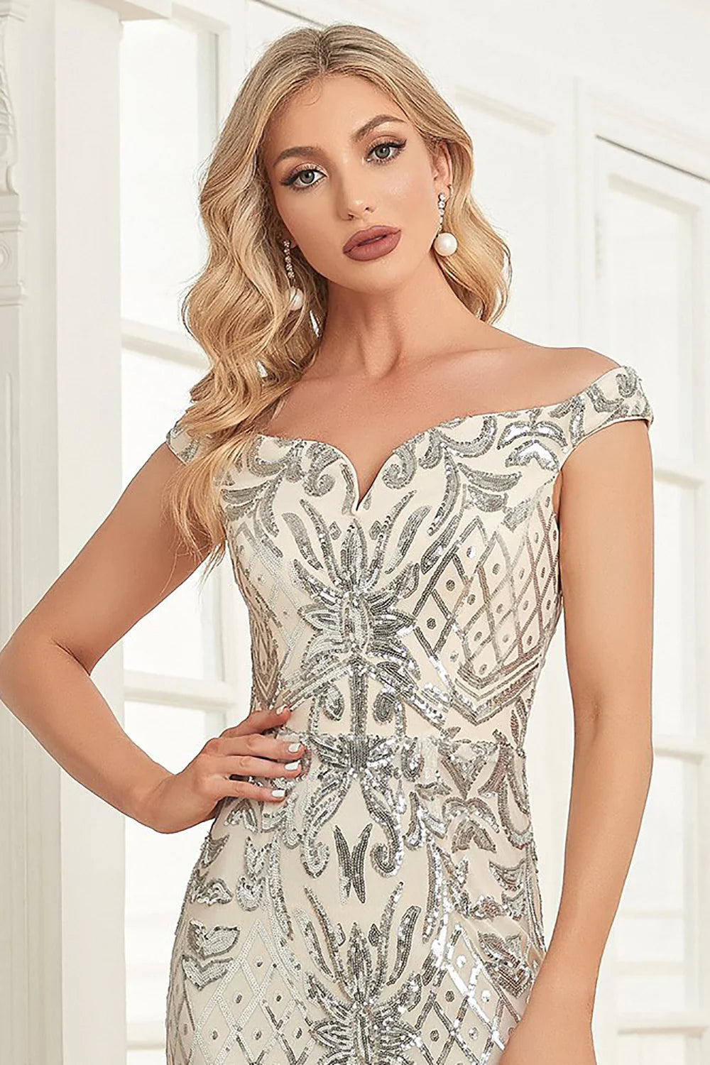 Sheath Mermaid Off the Shoulder Sparkly Sequins Prom Dress