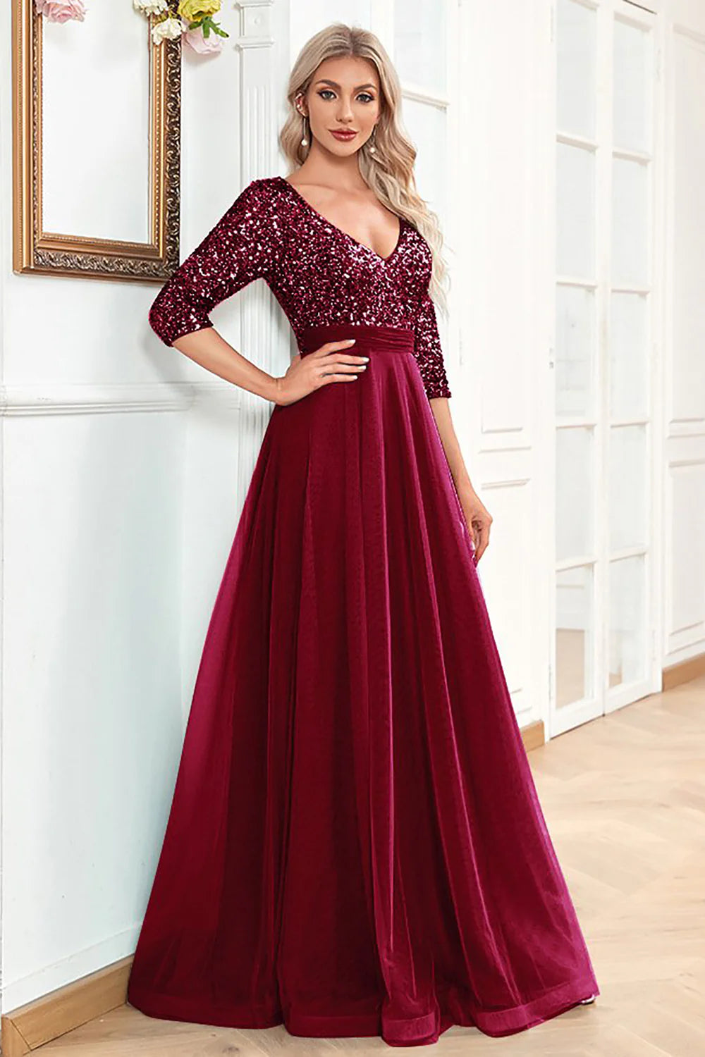 A Line Blue Glitter Sparking Sparkly Sequin 3/4 Sleeves Prom Dress