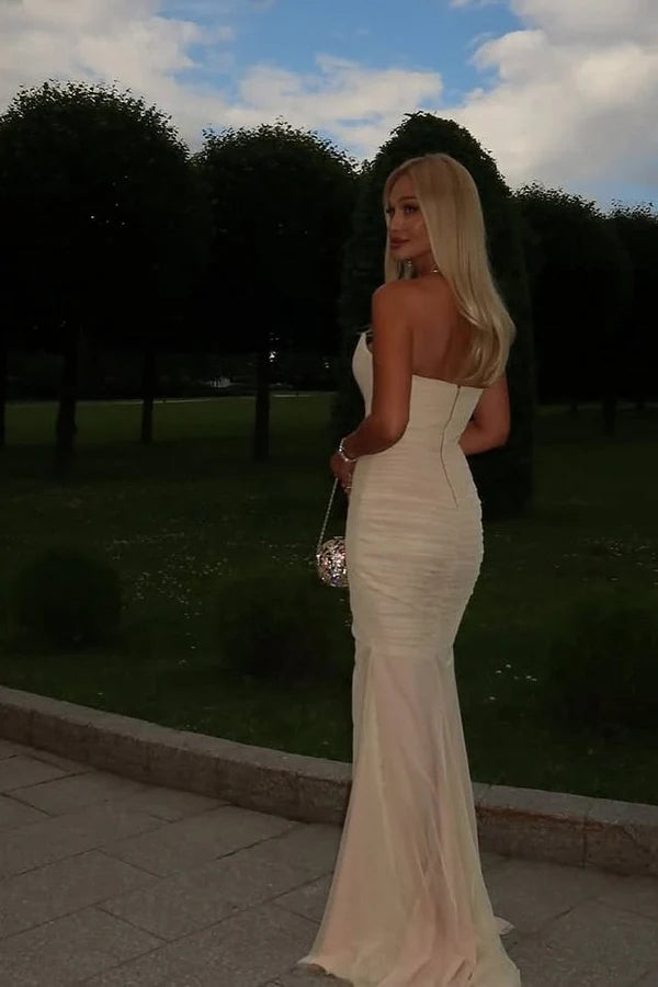 Champagne Ruched Maxi Prom Dresses with Strapless Sweetheart Neckline High Slit for Wedding Guest