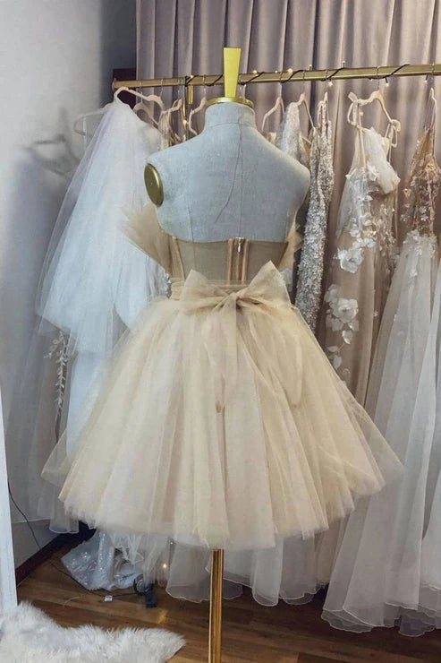 Short Homecoming Dress Sleeveless Strapless Tulle With Bow Back