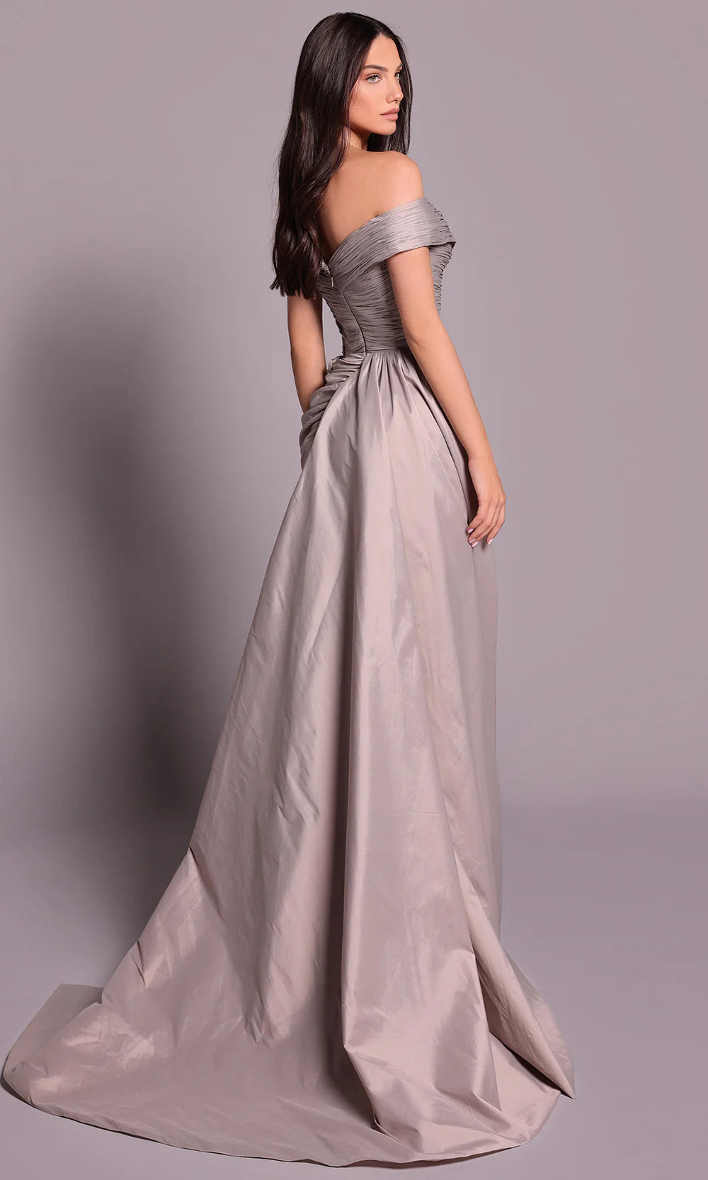 Chic Dusty Sage Satin Off-Shoulder Rhinestone Cutout Fitted A-Line Train Evening Dress