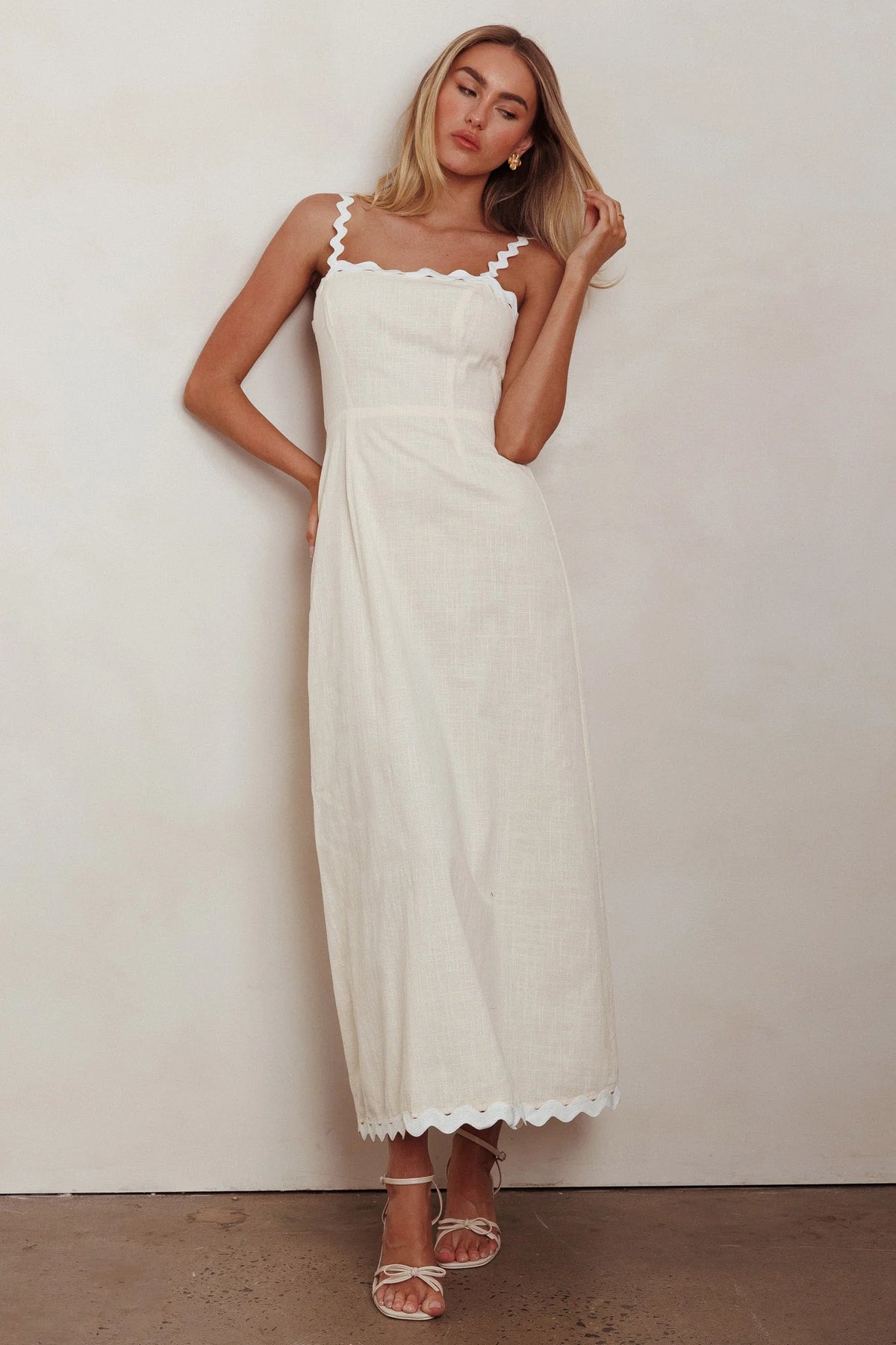 Cream Linen Scallop Trim Tie Back Maxi Evening Dress