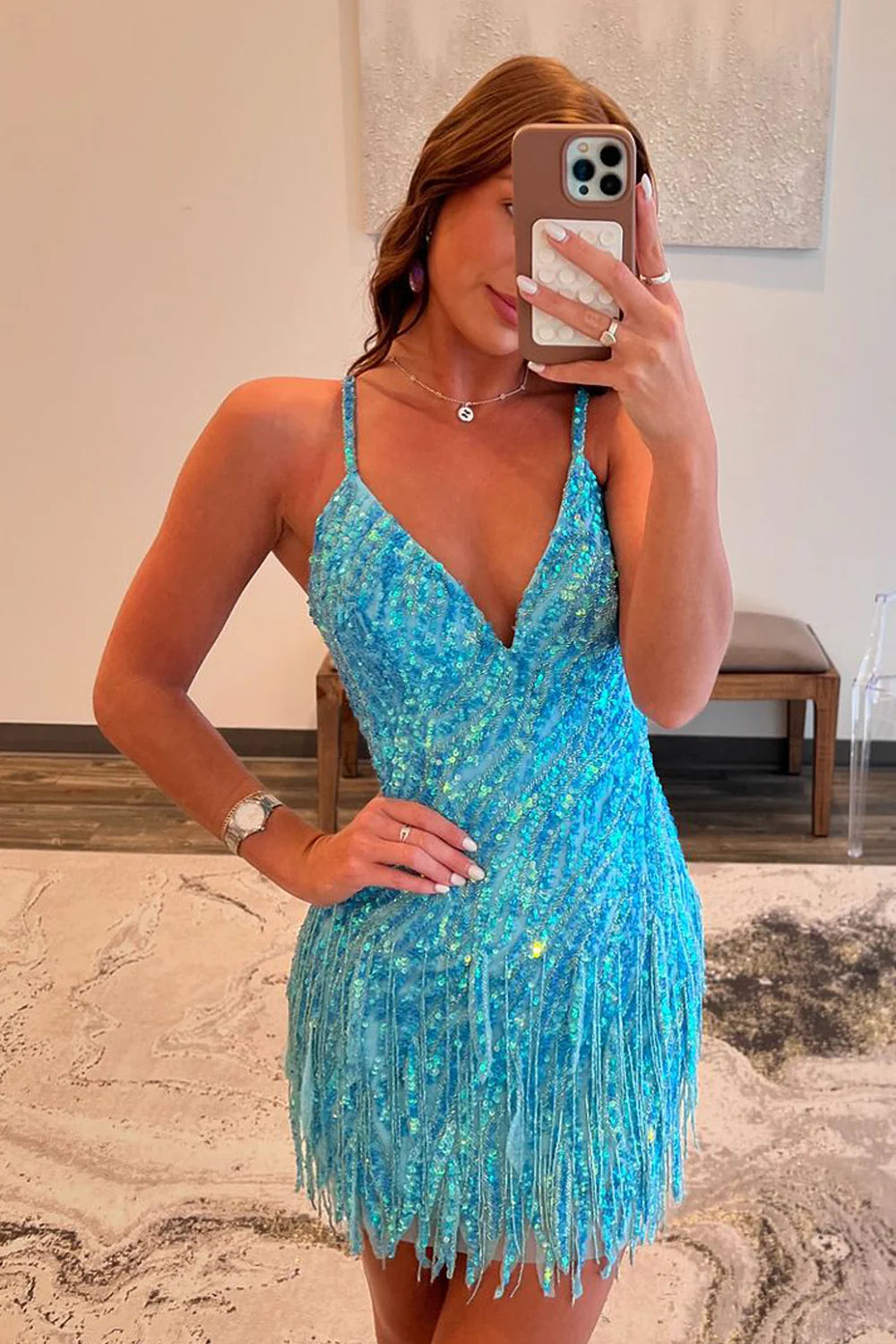 Cute Bodycon V Neck Spaghetti Strap Blue Sequins Lace Homecoming Dresses with Beading
