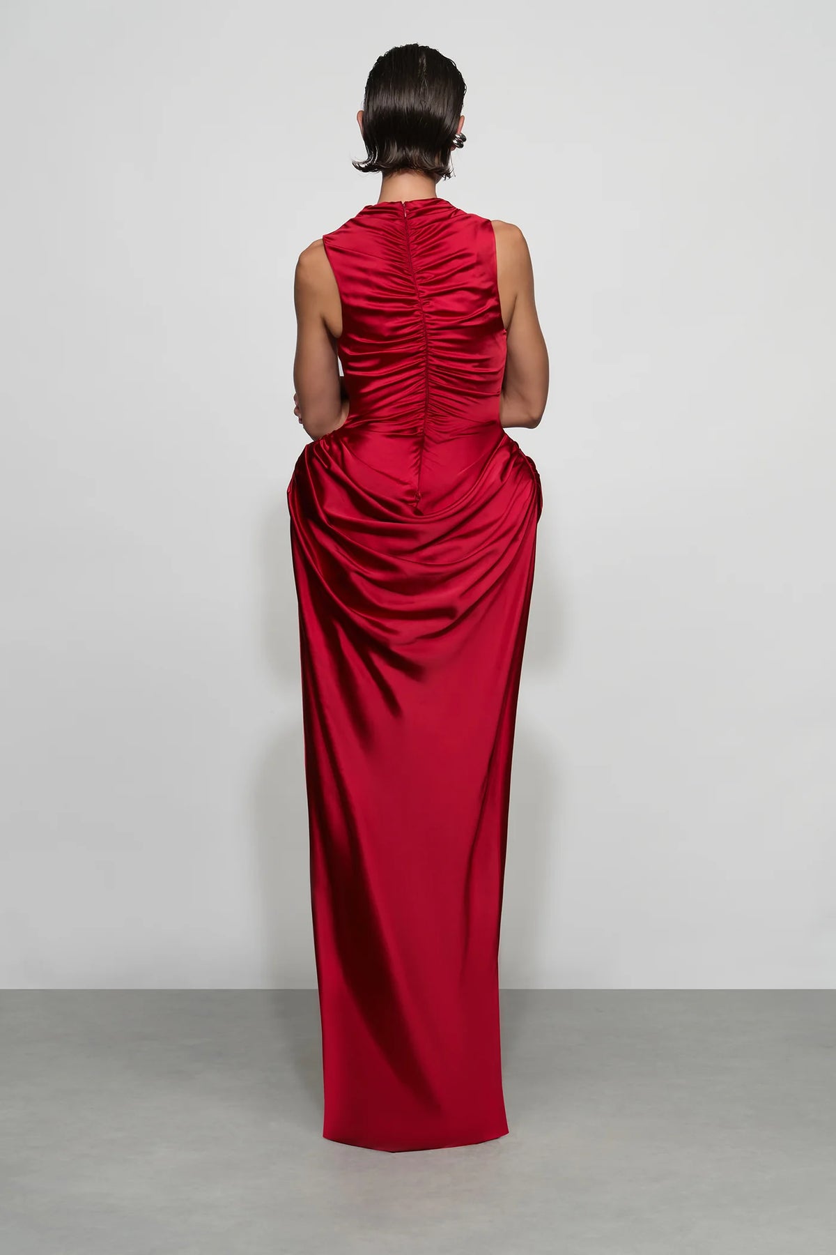 Dramatic Ruby Red Satin High Neck Sleeveless Draped Waist Floor-Length Evening Dress