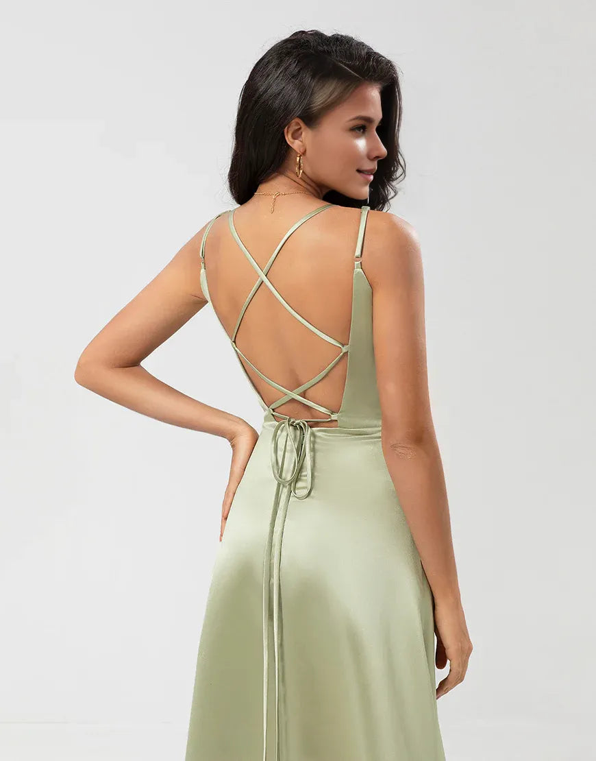 Satin Green Round Neck Spaghetti Strap Satin Bridesmaid Dress with Lace-up Back