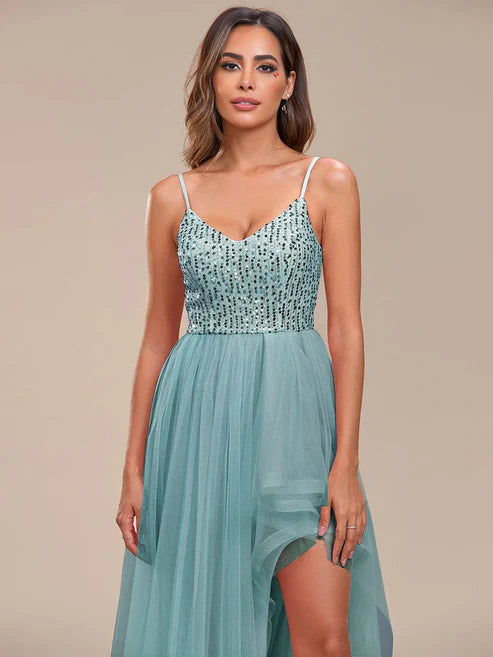 Spaghetti Strap Sequin Top A-Line High Low Tulle Asymmetric Evening Dress/Prom Dresses Party Dresses Wedding Guest Dresses