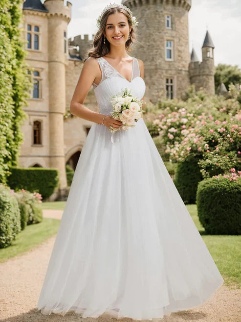 See-Through Shoulder Strap Flower Decoration Tulle Bridesmaid Dress/Prom Dresses Party Dresses