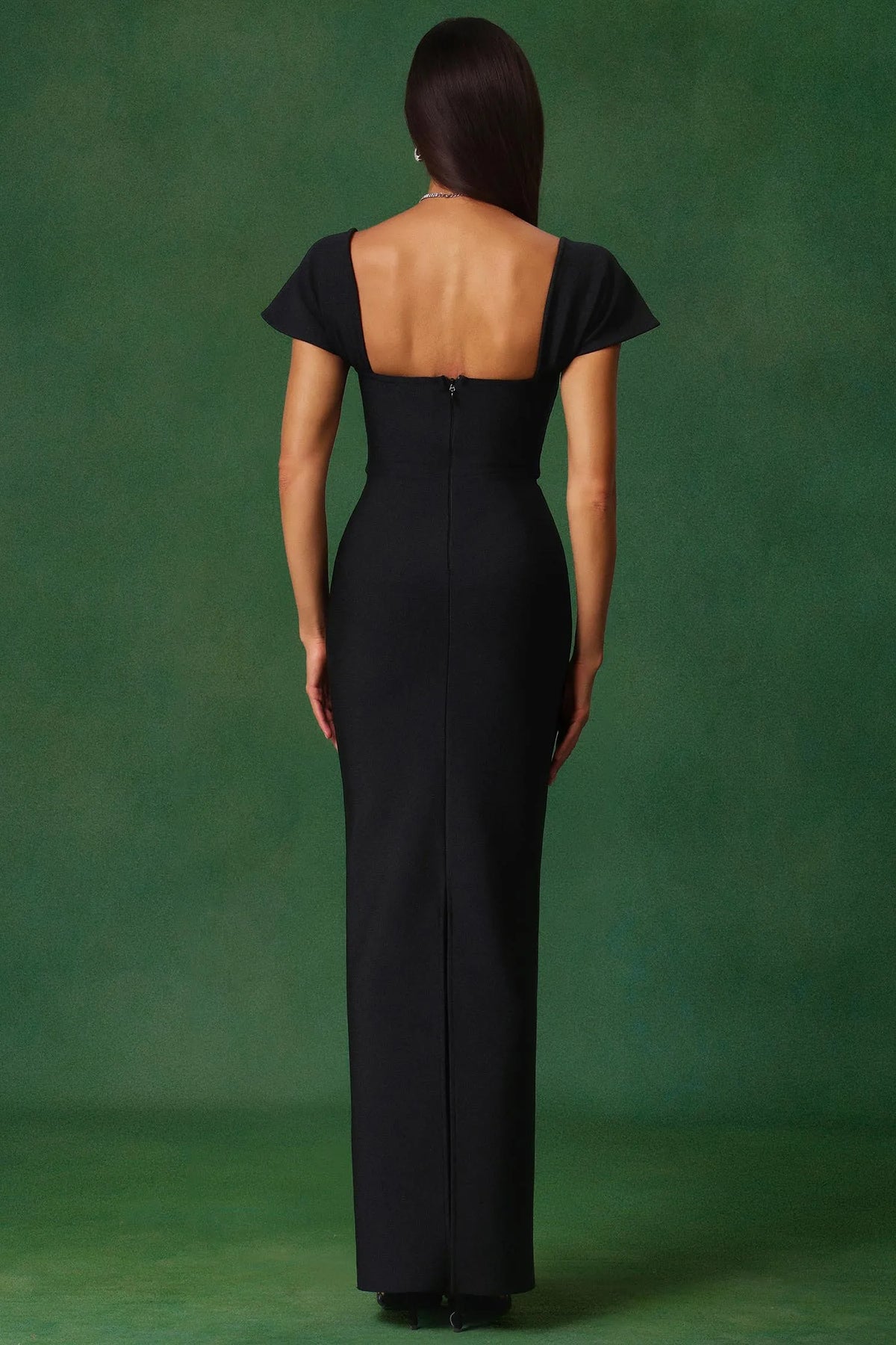 Elegant Black Cap-Sleeve with Crystal Trim Sweetheart Neckline and Open Back Mermaid Evening Dress