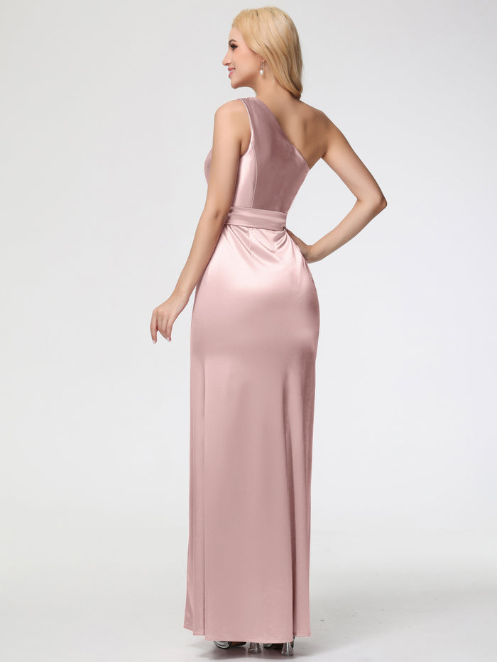 Elegant Blush Satin One-Shoulder Bow-Accent High-Slit Evening Dress