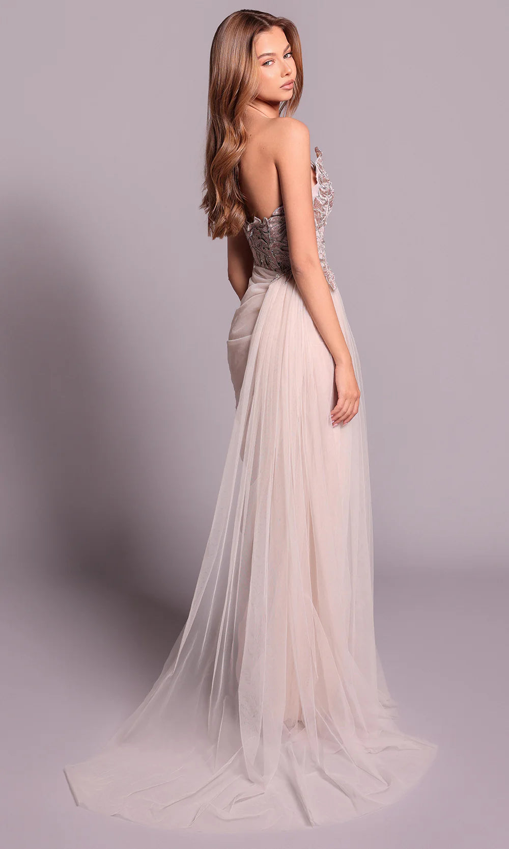 Elegant Blush Tulle Strapless Embellished Bodice High Slit Evening Dress