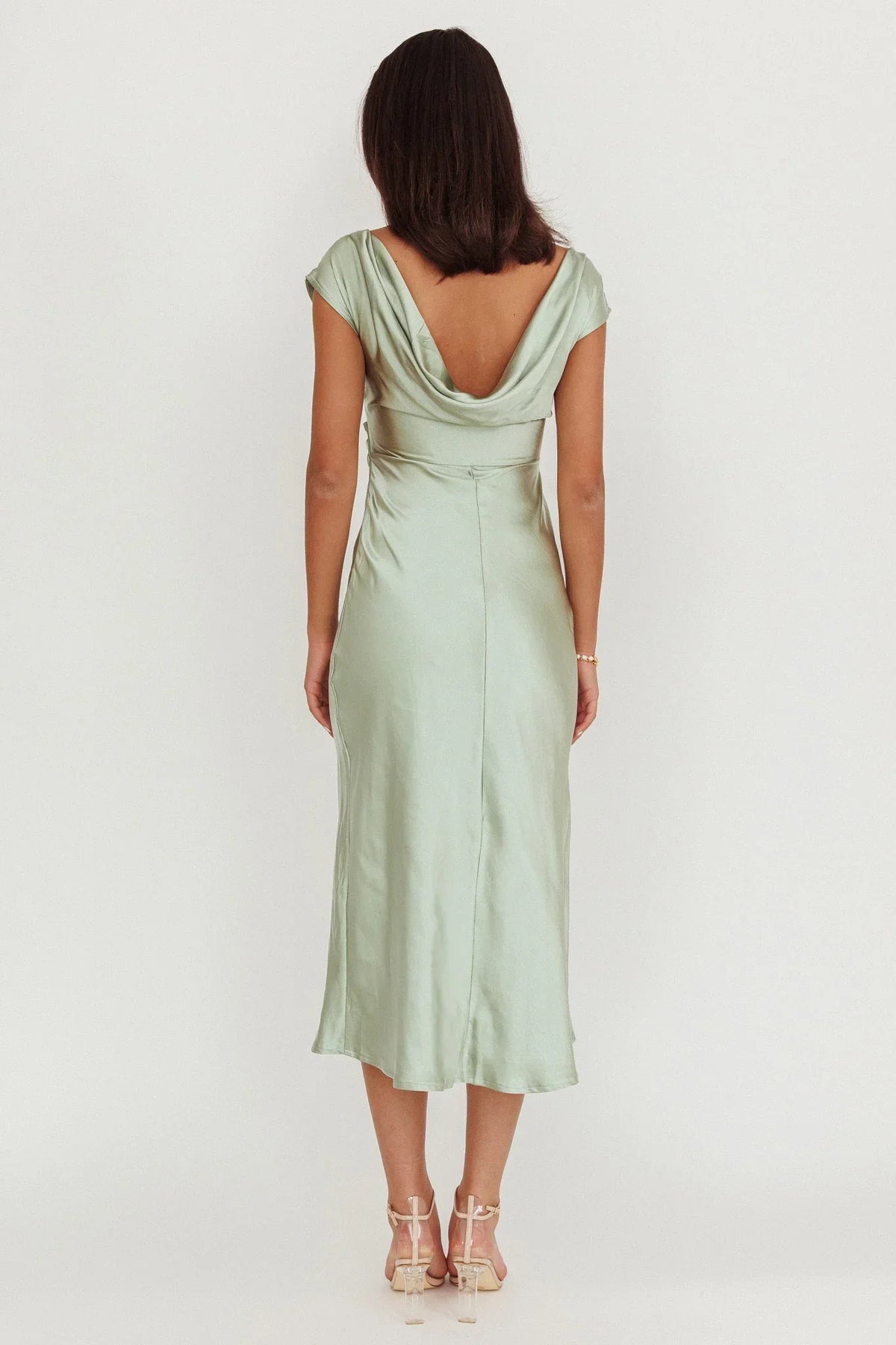 Elegant Fitted Boat Neck Cap Sleeve Ruched Waist Midi Evening Dress