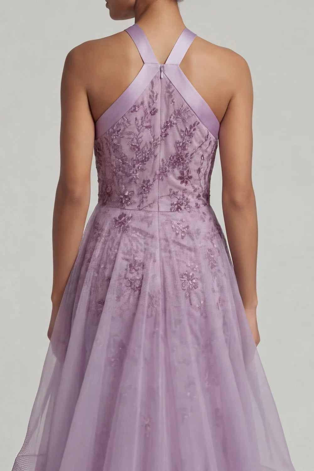 Elegant Halter Neck Sequin Floral Embellished Satin Strap Layered Tulle Maxi Prom Dress