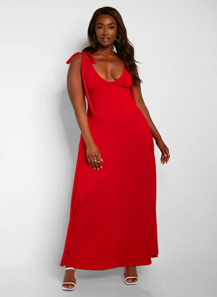 Elegant Red Tie Shoulder Deep V Neck Soft Jersey Flowy Maxi Evening Dress
