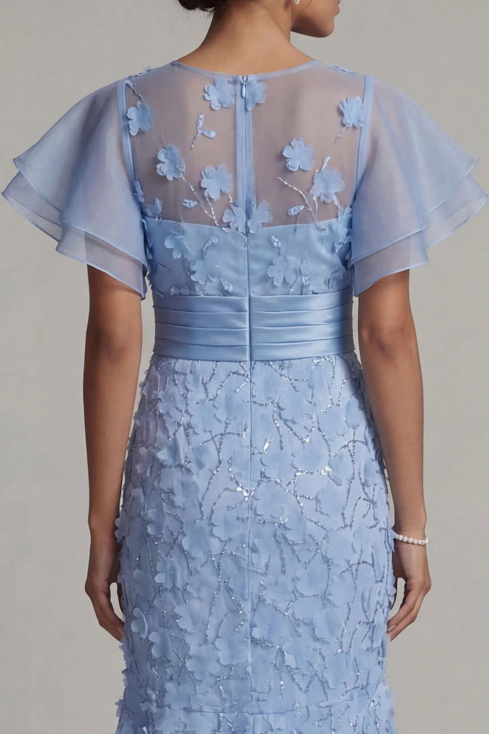 Elegant Sheer Ruffle Sleeve 3D Floral Applique Sequin Embellished Satin Waistband Mermaid Midi Prom Dress