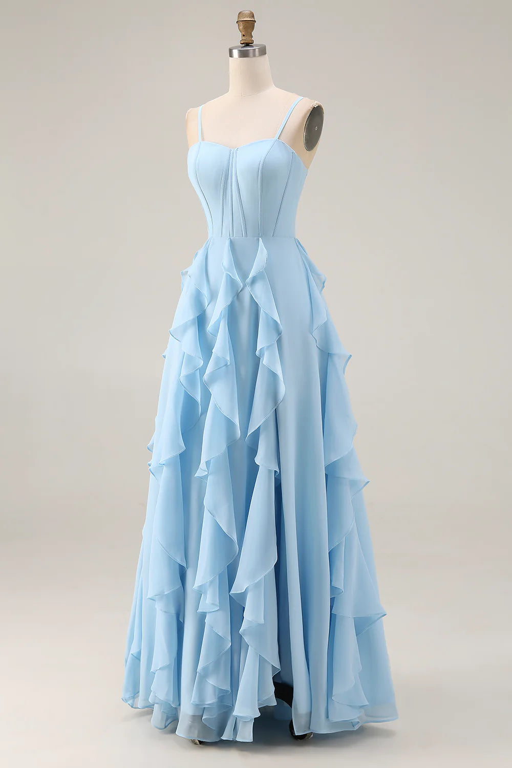 Elegant Spaghetti Strap Sweetheart Neck Corset Bodice Tiered Ruffle Lace Up Back Chiffon Prom Dress