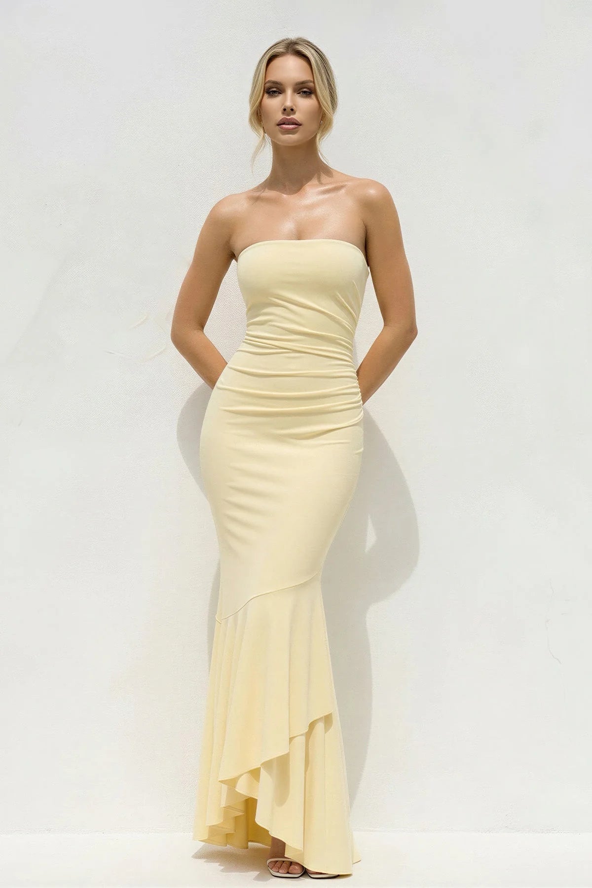 Elegant Strapless Ruched Mermaid Ruffle-Hem Long Evening Dress