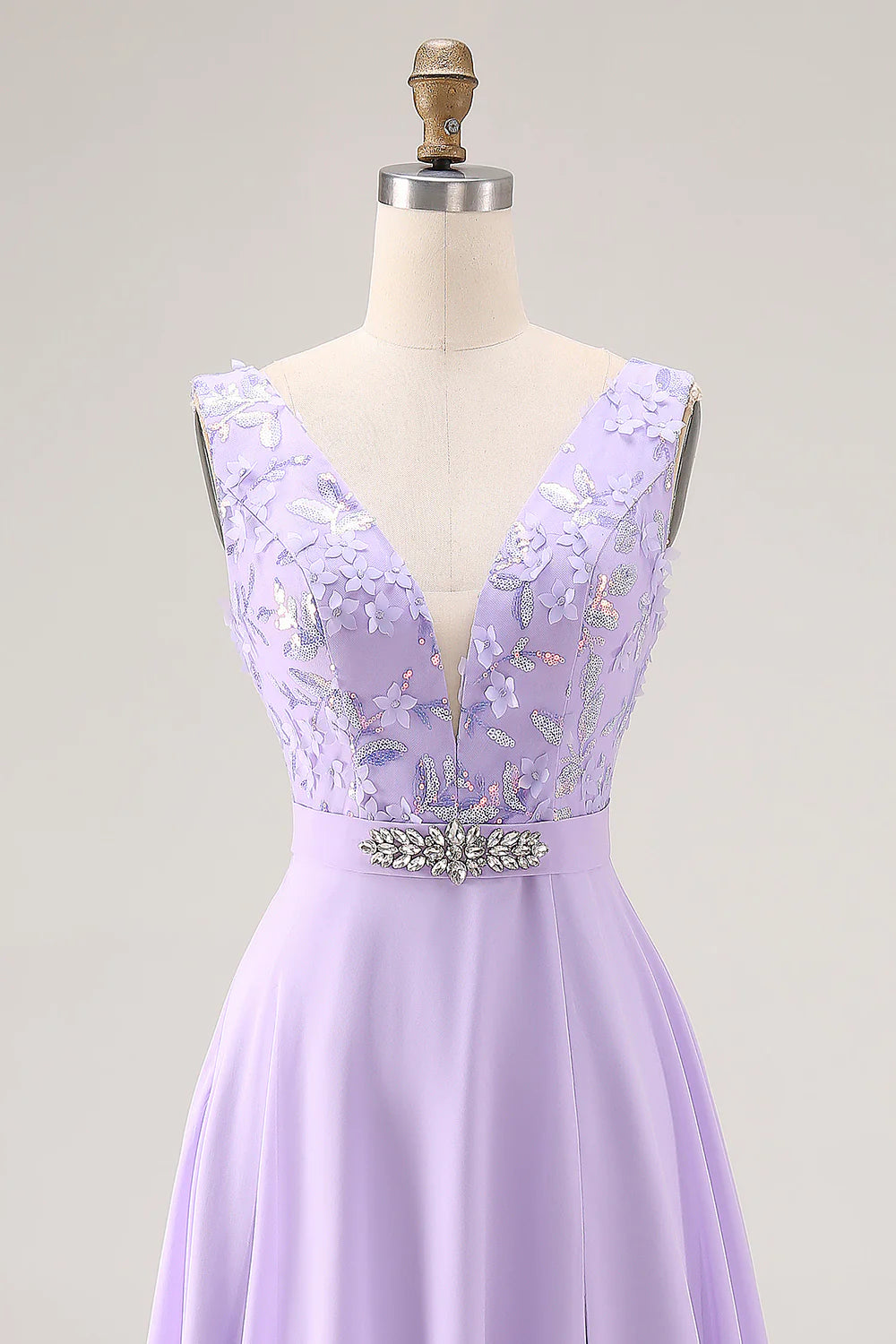 Elegant V Neck Floral Applique Lace Up Back Beaded Waist Chiffon High Slit A Line Prom Dress