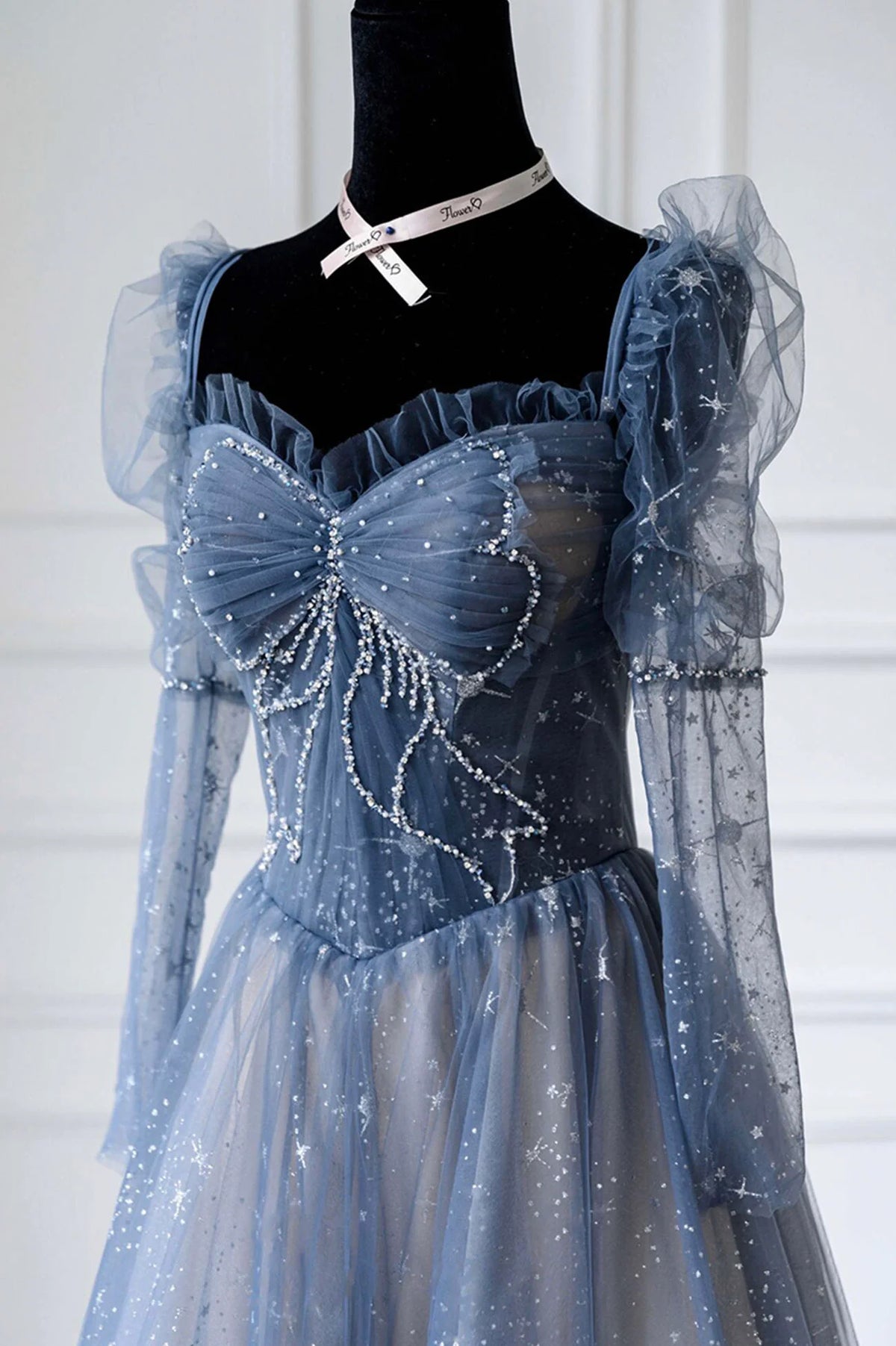 Enchanted Ball Gown Sweetheart Puff-Sleeve Beaded Bow Glitter Tulle Floor-Length Evening Dress