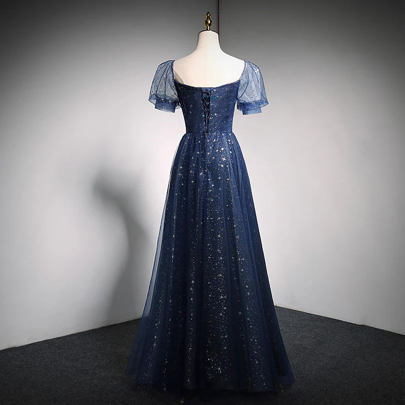 Enchanting Sparkle Tulle A-Line Sweetheart Puff-Sleeve Lace-Up Back Floor-Length Evening Dress