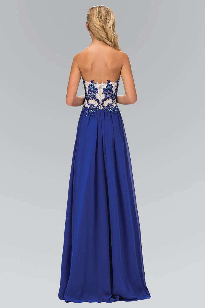 Ethereal Royal Blue Strapless with Beaded Lace Applique Bodice and Flowy A-Line Evening Dress