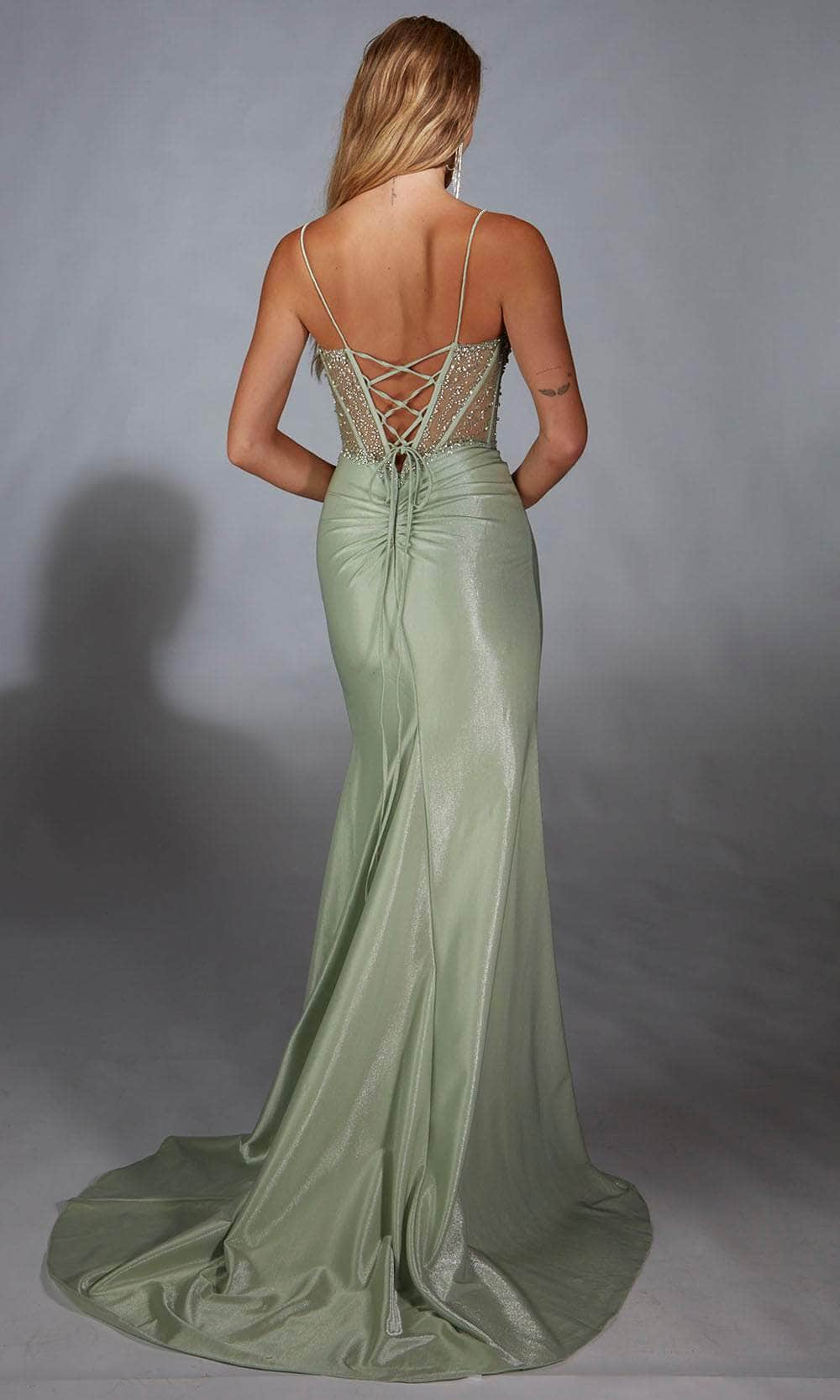 Ethereal Sage Green Satin Spaghetti Strap with Beaded Illusion Bodice and Lace-Up Back Evening Dress