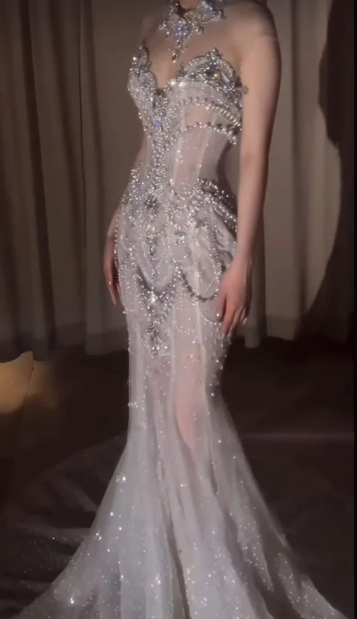 Ethereal White Strapless Sweetheart All-Over Rhinestone Embellished Mermaid Train Wedding Dress with Feather Cape