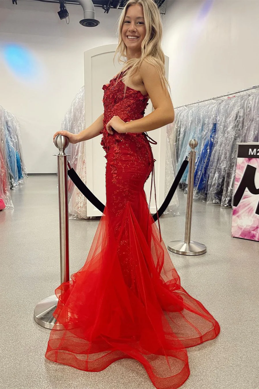 Sheath Mermaid Sweep/Brush Train Dresses 3D Flowers Straps V Neck Long Prom Dress