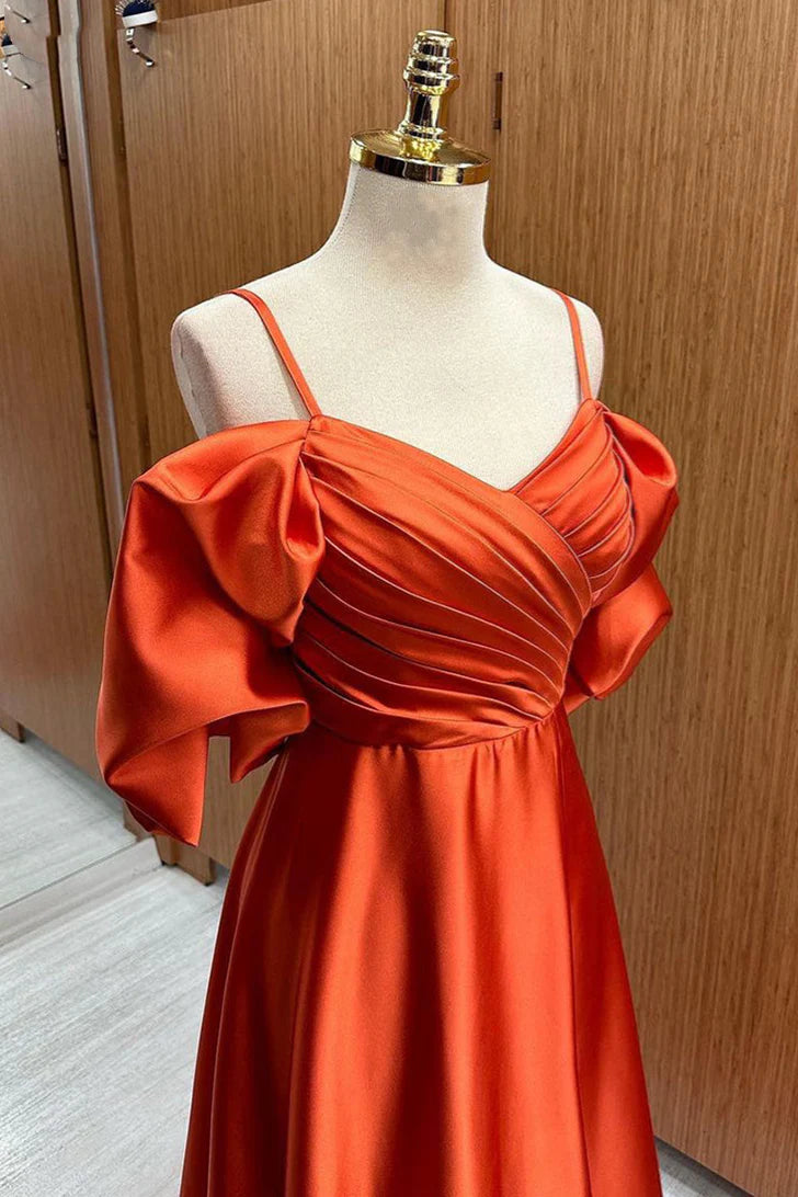 Sweep/Brush Train Dresses Off-the-Shoulder Straps Pleated Satin Long Prom Dress