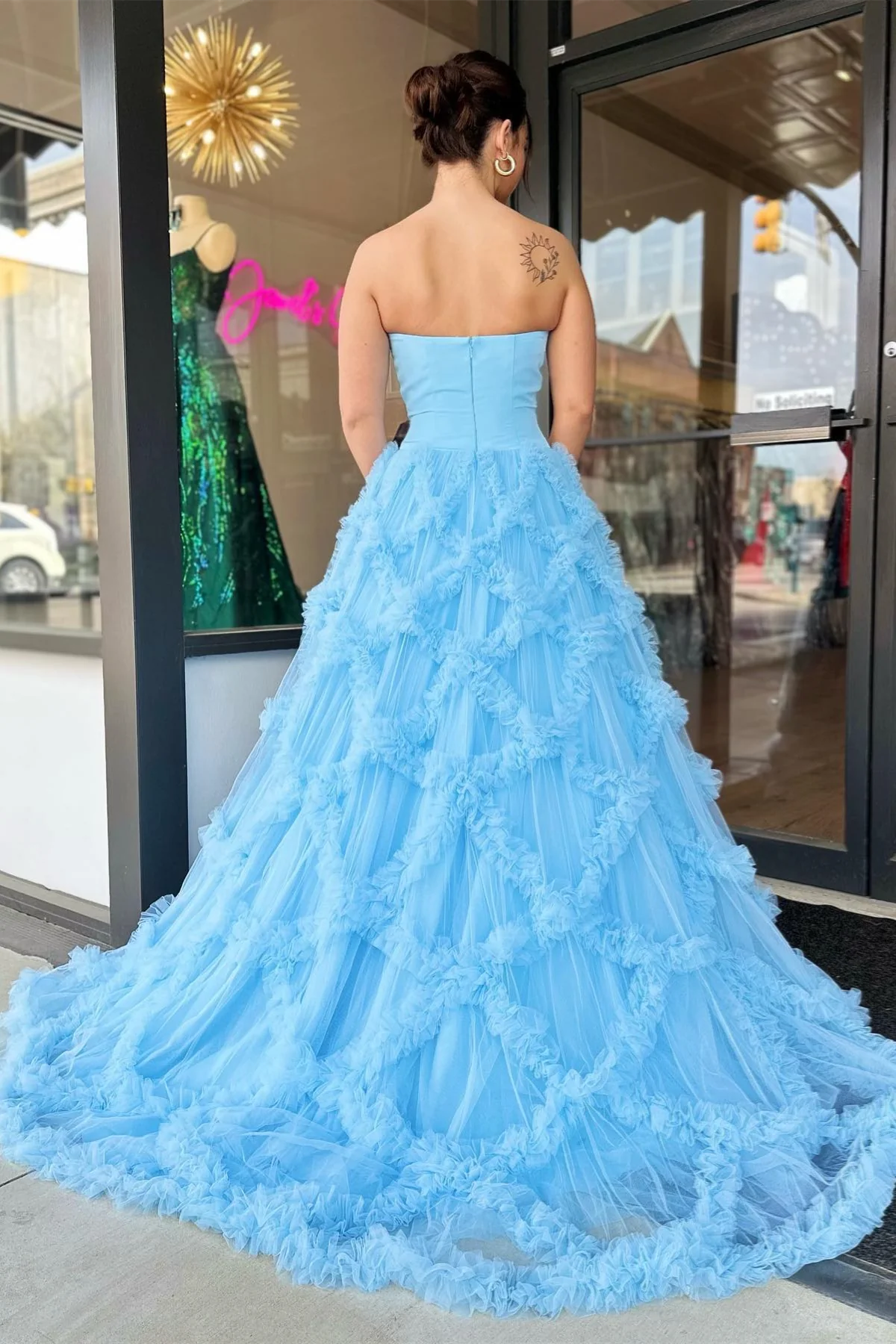 Sweep/Brush Train Dresses Tulle Ruffled Net Strapless Long Prom Dress