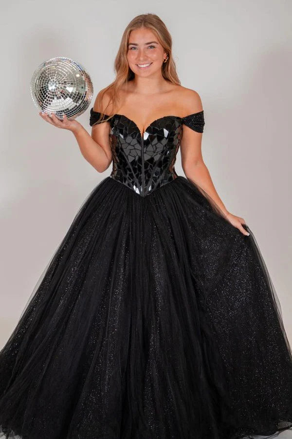 Sweep/Brush Train Dresses Off the Shoulder Silver Mirror Sequin A-Line Prom Dress