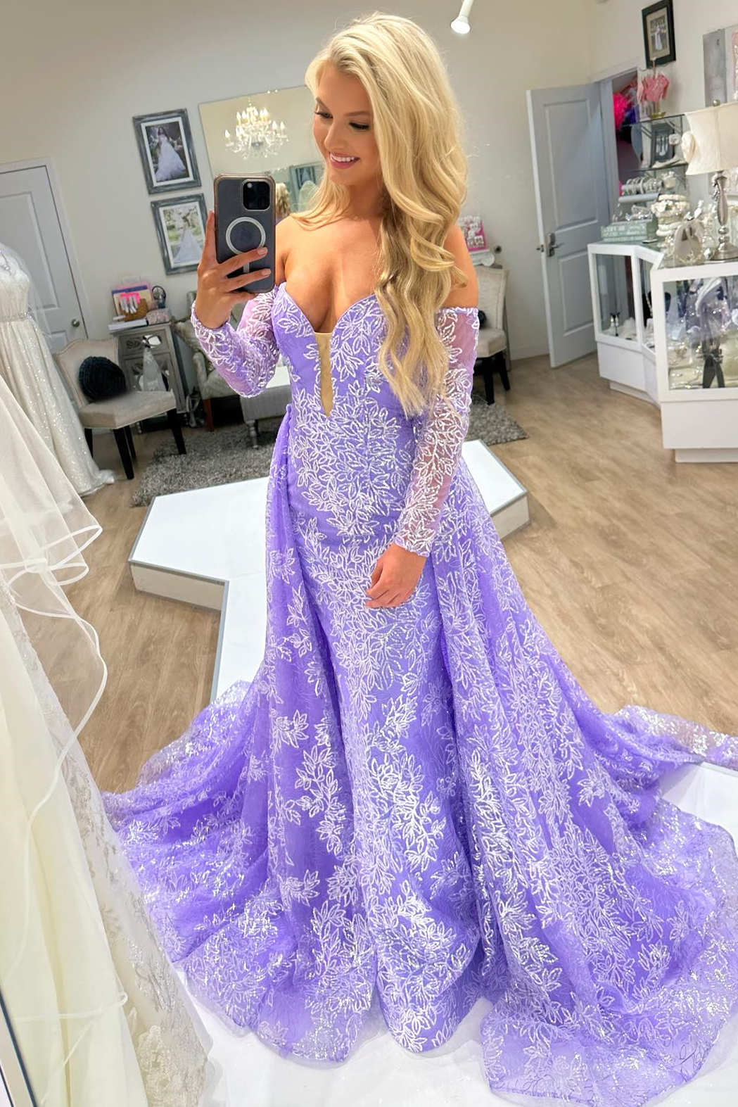 Sweep/Brush Train Dresses Lilac Strapless Tulle Prom Dress with Detachable Sleeves