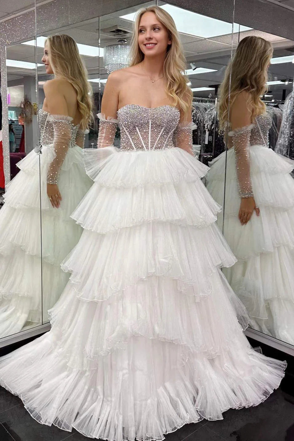 Sweep/Brush Train Dresses Tiered Strapless White Beaded Top Ruffled Layers Long Prom Dress