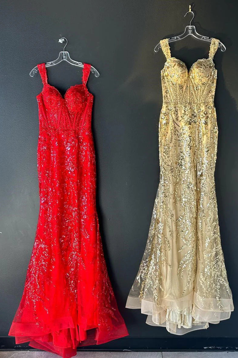 Sweep/Brush Train Dresses Off the Shoulder Gold Sequin Corset Mermaid Prom Dress with Slit