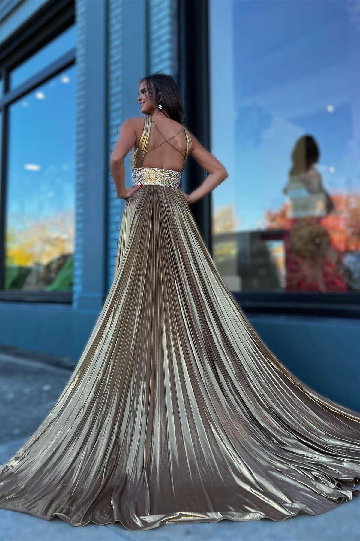 Sweep/Brush Train Evening Dresses Pleated Criss Cross Straps Metallic Long Prom Dress With Slit