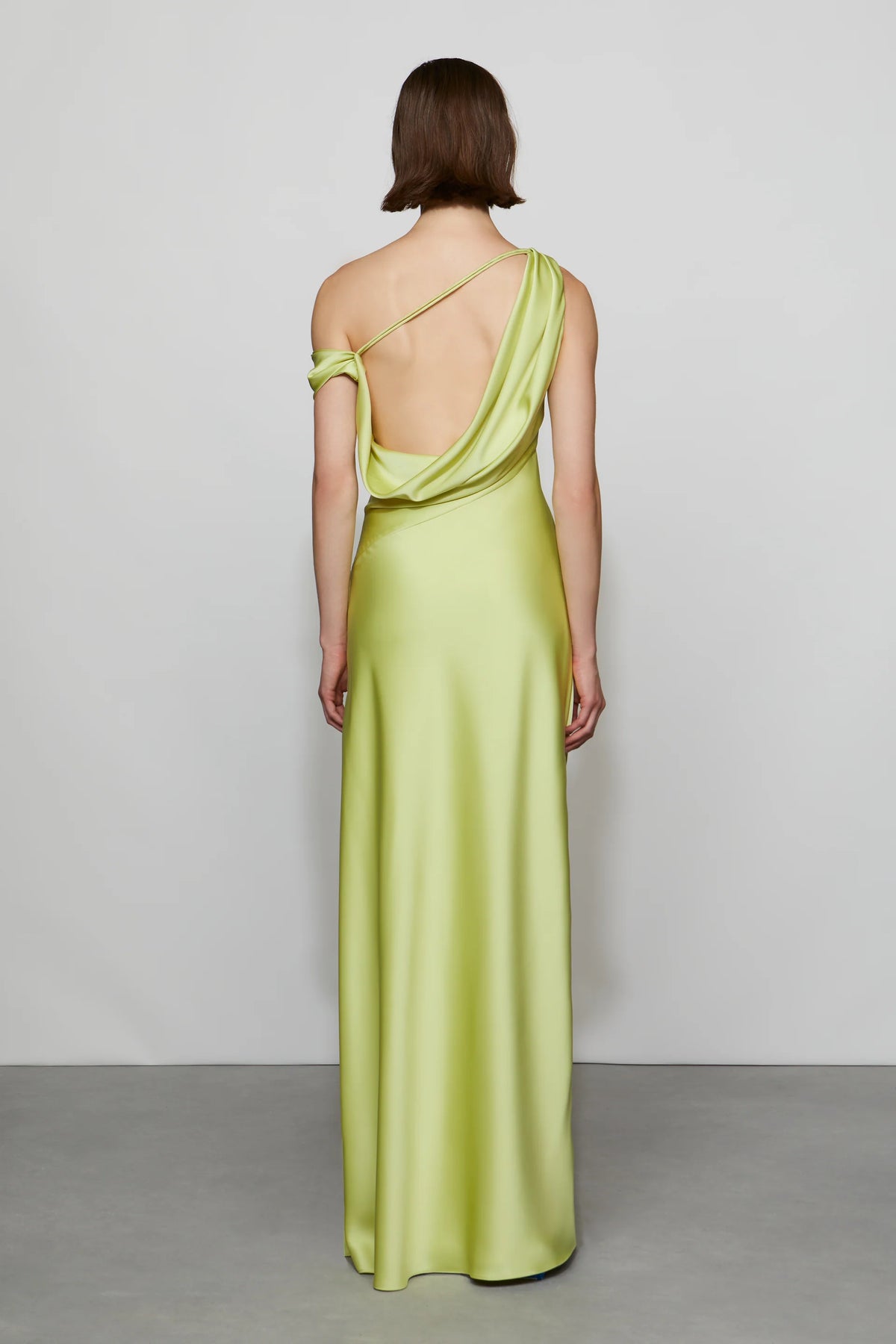 Glamorous Lime Green Satin Asymmetrical One-Shoulder Draped Ruched Detail Floor-Length Evening Dress