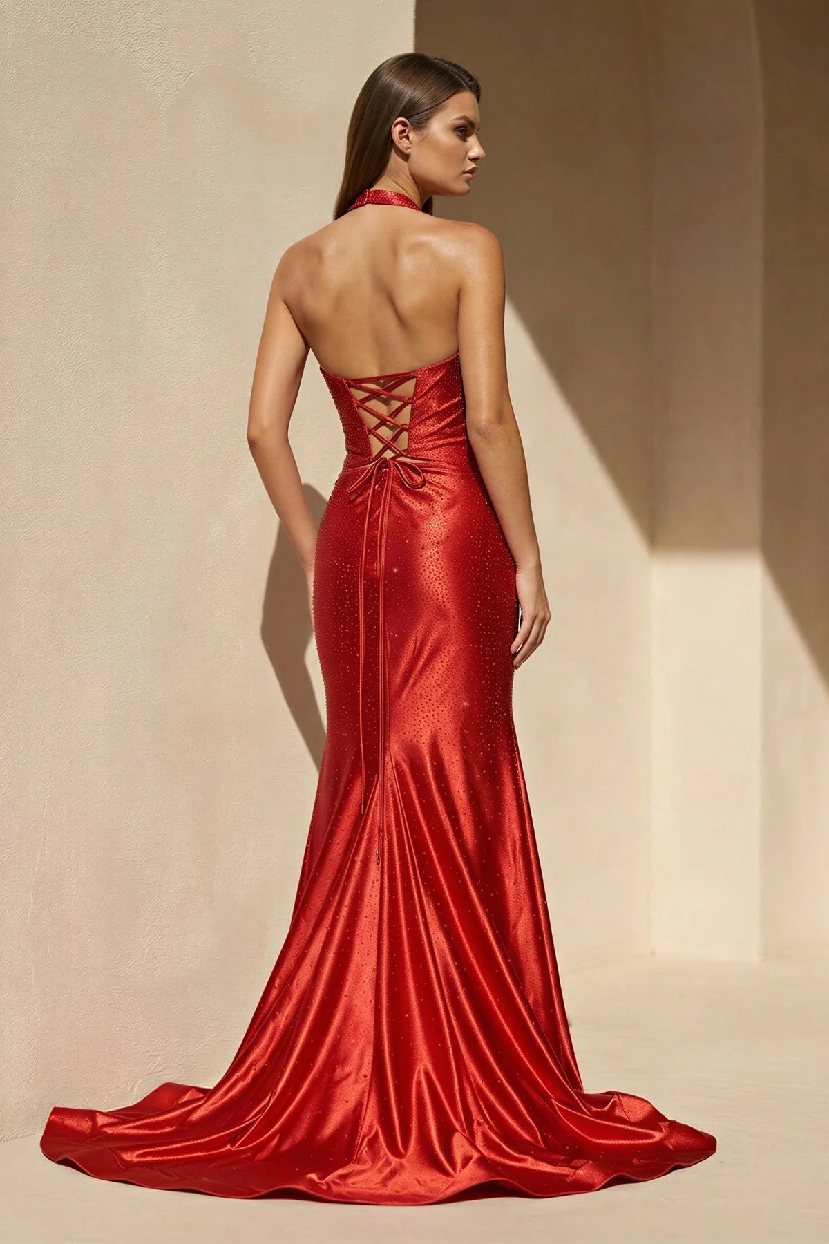 Glamorous Satin Halter Cutout Crisscross-Back Train Evening Dress