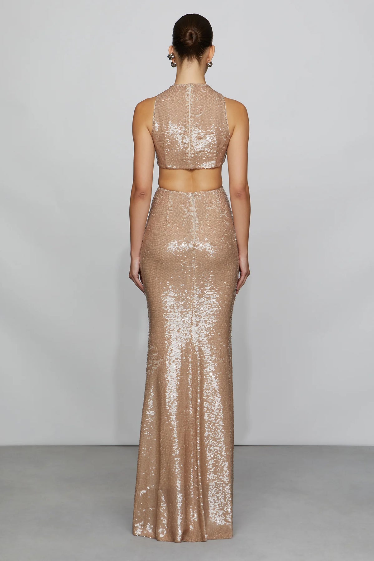 Glamorous Champagne Sequin High Neck Cut-Out Detail Twist Front Mermaid Floor-Length Evening Dress