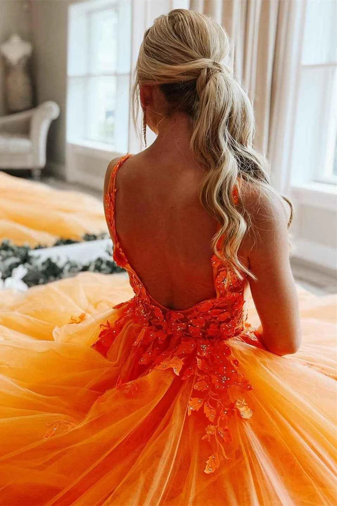 Orange Evening Gown Floor Length V-Neck Floral Tulle Long Prom Evening Dress